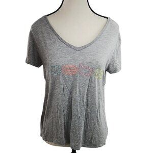 Bebe Sport T Shirt Womens Size M Gray V-Neck Neon Logo Short Sleeve Activewear